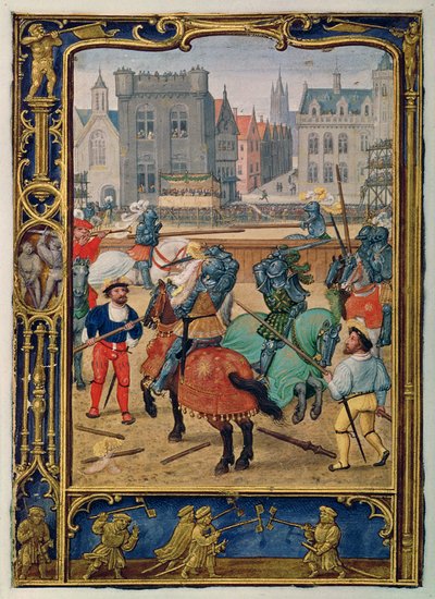 Tilføj 24098 f.23v juni: Dyst og leg med hobbyheste, fra en timebog eller golfbogen, ca. 1520-30 (vellum) af Simon (workshop of) Bening