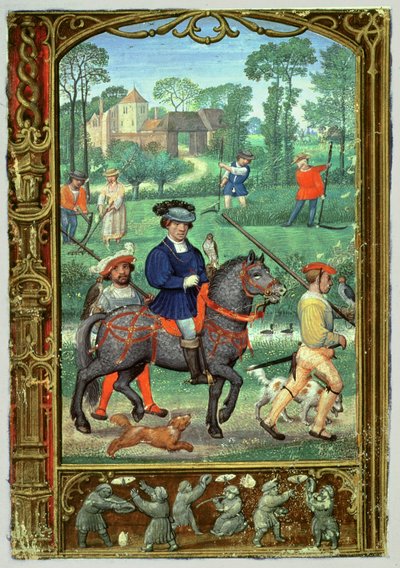 Tilføj 24098 f.24v juli: Falkejagt, høslet og jagt efter sommerfugle, fra en timebog eller golfbogen, ca. 1520-30 (vellum) af Simon (workshop of) Bening