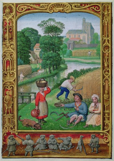 Tilføj 24098 f.25v August: Høst nær en flod, fra en timebog eller golfbogen, ca. 1520-30 (vellum) af Simon (workshop of) Bening