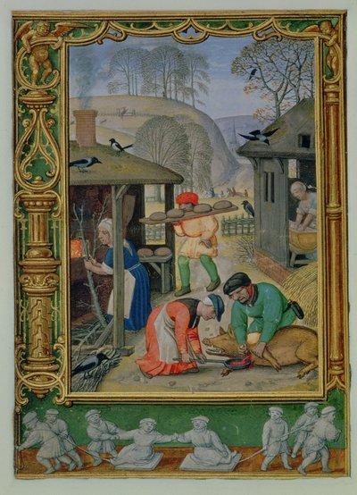 Tilføj 24098 f.29v December: Forberedelse af mad til vinteren, bagning af brød og aflivning af en gris, fra en Timebog eller Golfbogen, c.1520-30 (vellum) af Simon (workshop of) Bening
