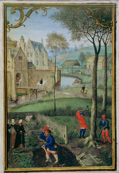 Tilføj 18855 f.108 marts: fældning af træer, fra en timebog, c.1540 (vellum) af Simon Bening