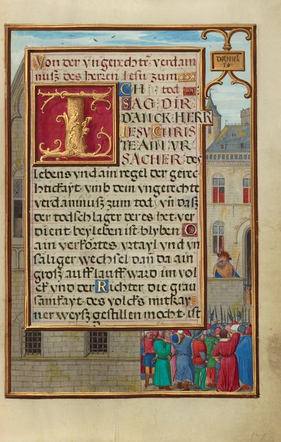 Rand mit dem Volk, das Daniel von Cyrus fordert af Simon Bening