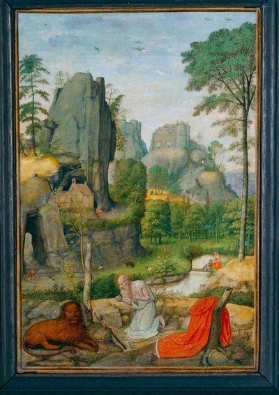 Paysage avec saint Jerôme penitent et la guerison du lion - Landskab med saint Jerome penitent og løvens helbredelse ... af Simon Bening