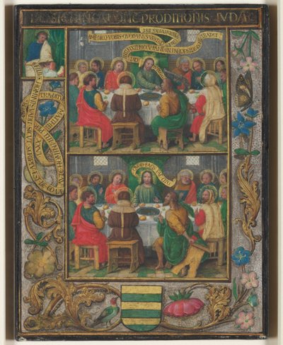 Enkelt blad med scener fra den sidste nadver, ca. 1525-1530. af Simon Bening