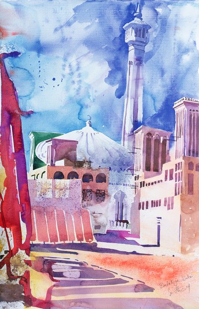 Bastakia, Dubai, 2004 (akvarel på papir) af Simon Fletcher