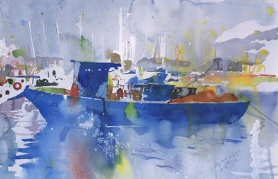 Blå båd La spezia, Italien, 2002 (akvarel) af Simon Fletcher