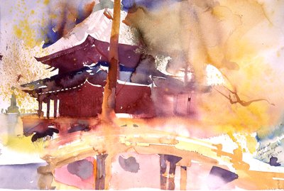 Broen ved Chion i Kyoto, 2000 (akvarel) af Simon Fletcher