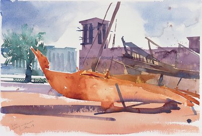 Dubai, Boats and Wind Towers, 2004 (akvarel på papir) af Simon Fletcher