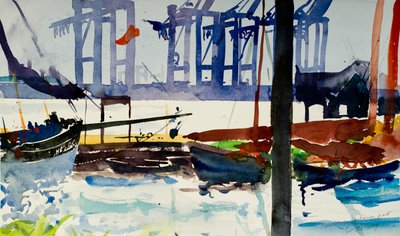 Hamborg, containerhavn, 2009 (akvarel) af Simon Fletcher