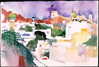 Muscat Fort and Mosques (akvarel på papir) af Simon Fletcher