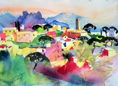 Ravello og Salerno-bugten, 2003 (akvarel på papir) af Simon Fletcher