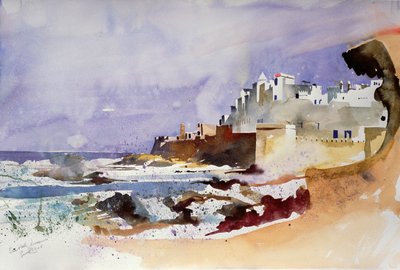 Sea Wall, Essaouira (akvarel på papir) af Simon Fletcher