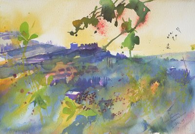 Tre huse Montalcino, Italien, 2003 (akvarel) af Simon Fletcher