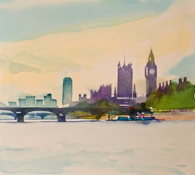 Westminster fra gangbroen II, 2016 (akvarel) af Simon Fletcher