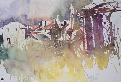 Vinterlandsby og græs, Frankrig, 2008 (akvarel) af Simon Fletcher