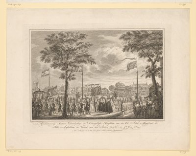Farvel til Willem V og hans kone på Buiten Amstel, 1768 Farvel til deres fredfyldte og kongelige højheder van den Ed: Achtb: Magistrat i byen Amsteldam, og den Buiten Amstels afgang, den 4. juni 1768 (titel på objekt) Billede af Simon Fokke