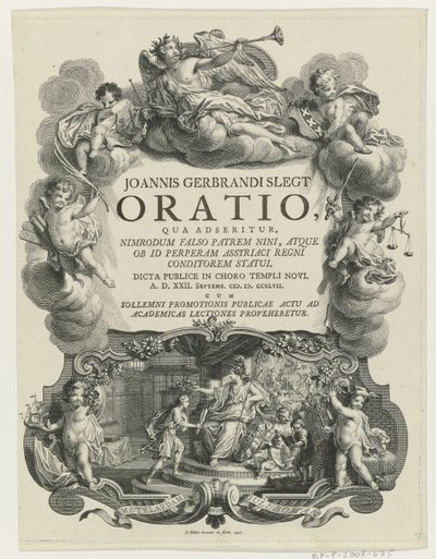 Minerva lauwert en ung mand med bul Titelside for: J.G. Slegt, Oration, hvori det hævdes, at Nimrod falsk er far til Nina (...), 1747 af Simon Fokke
