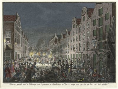 Plyndringer af en vinkøber Gerrit Hagedoorens hus i Rotterdam, 1751 Forsætlig vilje forpligtet til Huizinge gang Wynkoopers i Rotterdam den 17. aug. 1751, efter at han havde aflagt ed (titel på objekt) af Simon Fokke