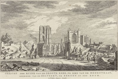Ruin af den store kirke i Bergen op Zoom, 1748 Udsigt over ruinerne af Groote Kerk, set fra Hoogstraat, der kommer fra Bospoort, i Bergen op den Zoom (titel på objekt) Ti ansigter af ruinerne efter belejringen og ødelæggelsen af ​​Bergen op Z af Simon Fokke
