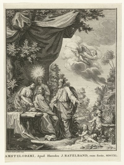 Forfatter omgivet af allegoriske figurer af Simon Fokke