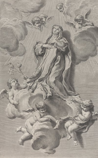Den hellige Katarina af Sienas ekstase, knælende på en sky båret af engle, en af ..., 1729-40. af Simon Francois Ravenet