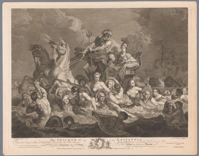 Allegori om den britiske flåde og sejren over den franske flåde The Triumph of Britannia (titel på objekt) af Simon François Ravenet (le vieux)