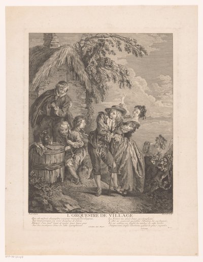 Tre musikere ved et hus, en dansende mand og kvinde foran det L