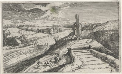 Bakket landskab med en vindmølle Forskellige landskaber (serietitel) Topographia variarum regionum (serietitel) af Simon Frisius (attributed to)