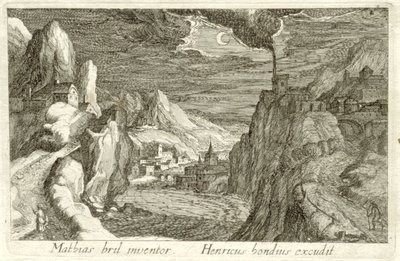 Flodlandskab ved måneskin Forskellige landskaber (serietitel) Topographia variarum regionum (serietitel) af Simon Frisius (attributed to)
