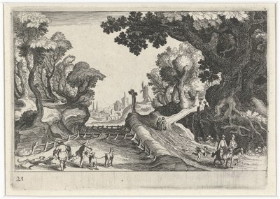 Skovlandskab med et kryds langs en sti Sydeuropæiske landskaber (serietitel) Topographia variarum regionum (serietitel) af Simon Frisius