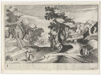 Skovklædt bakkelandskab med bygninger og figurer Sydeuropæiske landskaber (serietitel) Topographia variarum regionum (serietitel) af Simon Frisius