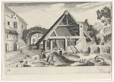 Udsigt over landsbyen med den hellige familie Sydeuropæiske landskaber (serietitel) Topographia variarum regionum (serietitel) af Simon Frisius