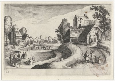 Landsbyudsigt med en gård af Simon Frisius