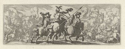 Tre cavaleristen bij een veldslag med olifanten Cavalry (serietitel) Faecvnda hvad er den elskede af Phaebus og den taknemmelige Florentia til mænd af ivrig geni, nok er vist af pvgnas, enthea ved kraften af ​​de bryster, som Mercury udskårne den garvede k af Simon Frisius