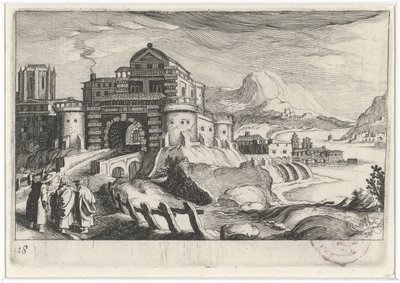 Emmäus-folk foran en byport i et bjerglandskab Sydeuropæiske landskaber (serietitel) Topographia variarum regionum (serietitel) af Simon Frisius