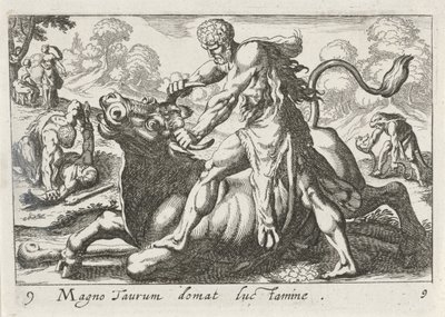 Hercules i kamp med Achelous Den store tyr tæmmes af lys (titel på objekt) Herculische temaer (serietitel) af Simon Frisius