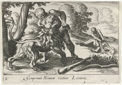 Hercules kæmper mod Nemean-løven Comprimit Nemeae virtute Leonem (titel på objekt) Herculean Themes (serietitel) af Simon Frisius