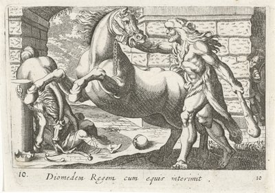 Hercules temt de paarden van Diomedes Kong Diomedes med heste (titel på objekt) Herculische temaer (serietitel) af Simon Frisius