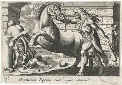 Hercules temt de paarden van Diomedes Kong Diomedes med heste (titel på objekt) Herculische temaer (serietitel) af Simon Frisius