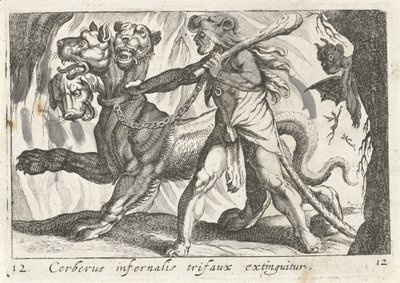 Herkules hævner Cerberus Cerberus infernal trifaux er slukket (titel på objekt) Herculische temaer (serietitel) af Simon Frisius