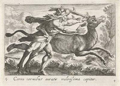 Hercules vangt de Hind van Cerynea En hjort med gyldne horn fanges meget hurtigt (titel på objekt) Herculische temaer (serietitel) af Simon Frisius