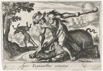 Hercules fanger svinene fra Erymanthus Aper Erymanthius evincitur (titel på objekt) Herkuliske temaer (serietitel) af Simon Frisius