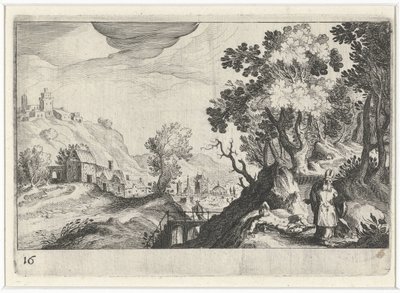 Bakket landskab med den barmhjertige samaritaner Sydeuropæiske landskaber (serietitel) Topographia variarum regionum (serietitel) af Simon Frisius