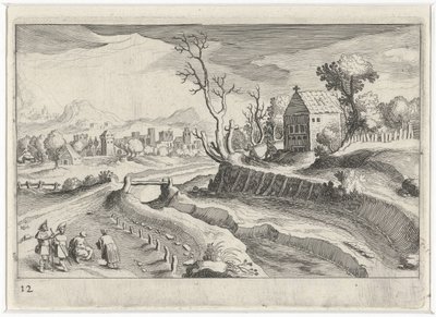 Bakket landskab med et kapel Sydeuropæiske landskaber (serietitel) Topographia variarum regionum (serietitel) af Simon Frisius