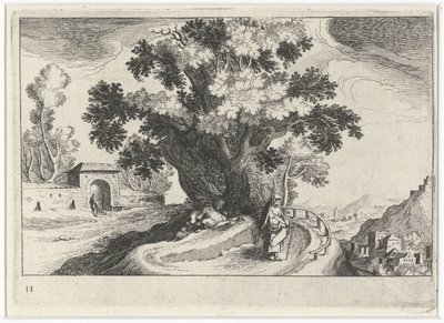 Bakket landskab med at elske under et træ Sydeuropæiske landskaber (serietitel) Topographia variarum regionum (serietitel) af Simon Frisius