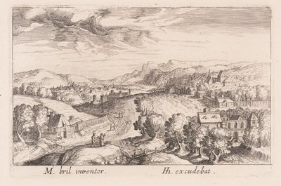 Bakket landskab med tre par, fra Topographia Variarum Regionum af Simon Frisius