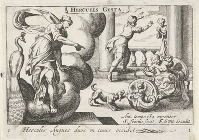 Jonge Hercules wurgt twee slangen Hercules dræber to slanger i deres vugger (titel på objekt) Herculische temaer (serietitel) Hercules (serietitel på objekt) af Simon Frisius