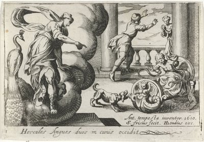 Jonge Hercules wurgt twee slangen Hercules dræber to slanger i deres vugger (titel på objekt) Herculische temaer (serietitel) af Simon Frisius
