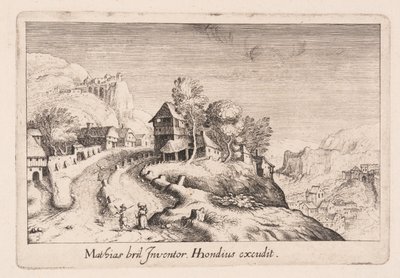 Landskab med en sti op ad et bjerg gennem en landsby, fra Topographia Variarum Regionum af Simon Frisius