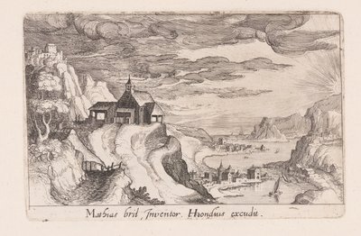 Landskab med en floddal og en kirke på en bakke, fra Topographia Variarum Regionum af Simon Frisius